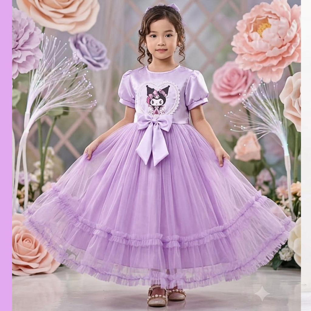 ( FREE BANDO & PERHIASAN KUROMI ) Baju Dress Anak Perempuan Motif Kuromi Bahan Tile Usia 3 - 8 Tahun