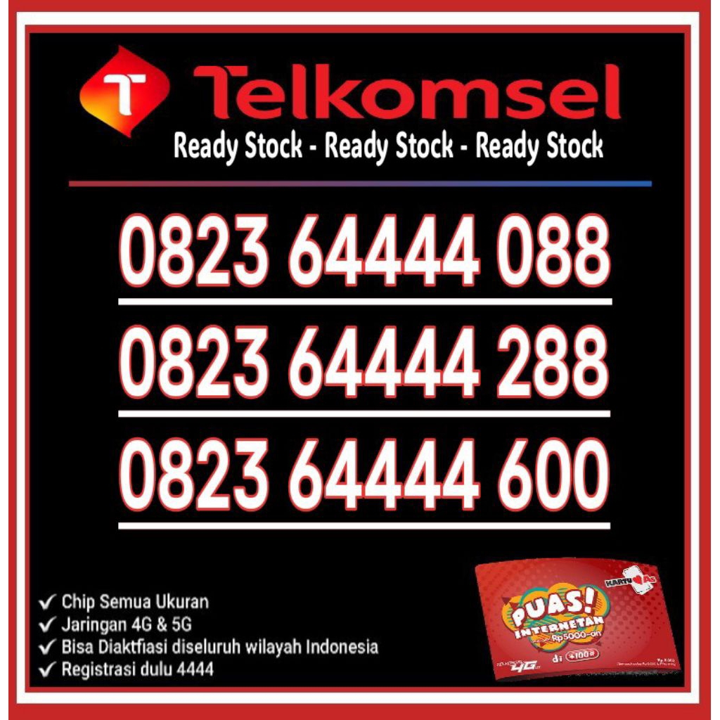 Nomor Cantik Telkomsel Simpati AS 4G Lte O823 64444 007 088 288 600