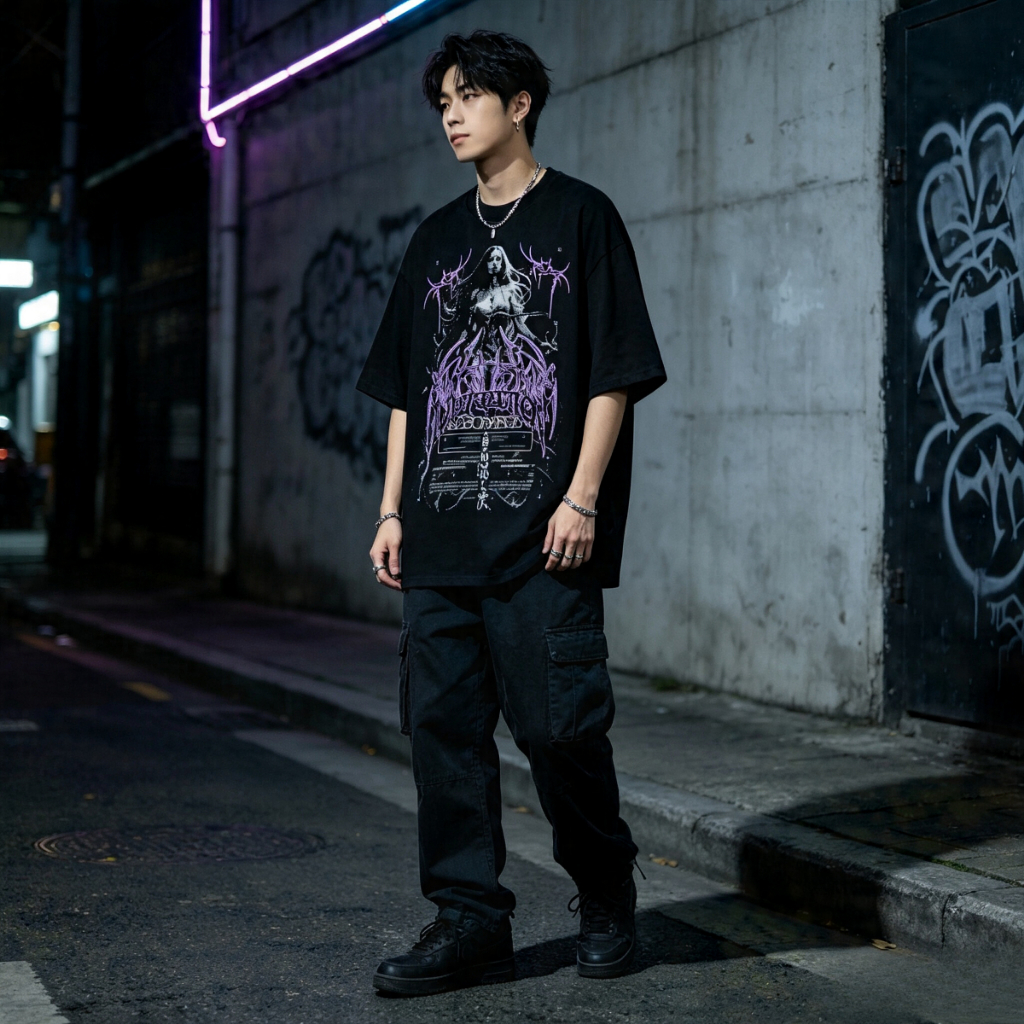 Kaos Oversize Hitam Motif Kupu-Kupu Gothic Skull Streetwear Pria Wanita Baju Distro Dark Metal Aesth