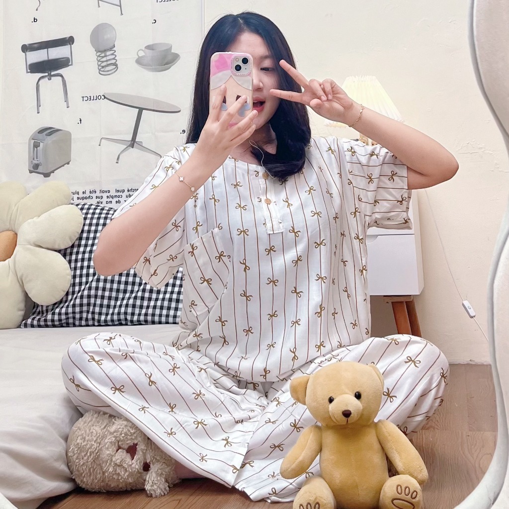Sapasara - Baju Tidur Wanita One Set Wanita Kekinian Setelan Celana Panjang Baby Doll Bahan Rayon Ad