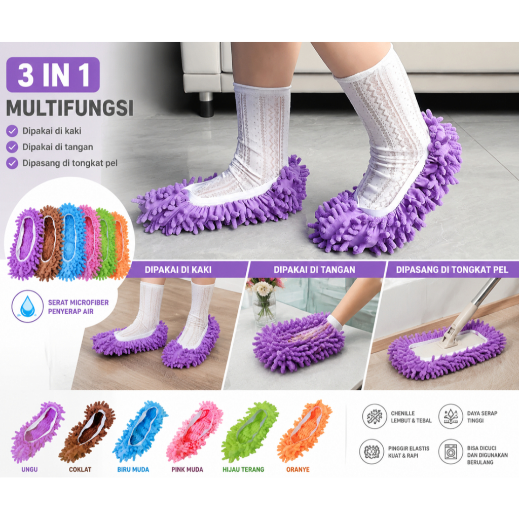 1 Pasang 3in1 Kain Lap Sandal Microfiber Cendol Chenille Sarung Sepatu Kaki refill Kain Lap Pel Lantai Tangan Pembersih Debu Kaki Sapu Rumah Praktis Serbaguna Cendol Unik Murah Alat Kotoran Alas Elastis Lembut Menyerap Air Kering Basah Pelindung Telapak