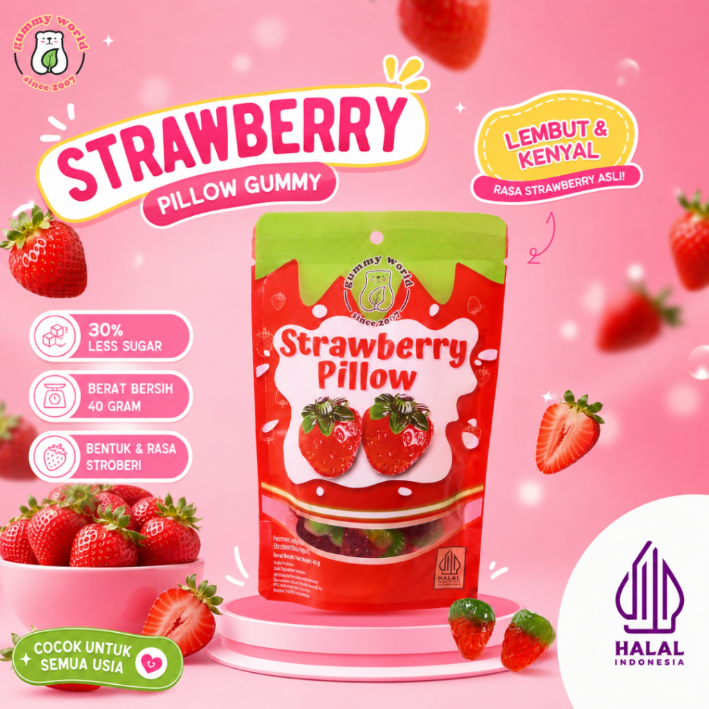 3D Gummy Strawberry Pillow (Permen Jeli 3D Bentuk Buah Stroberi)