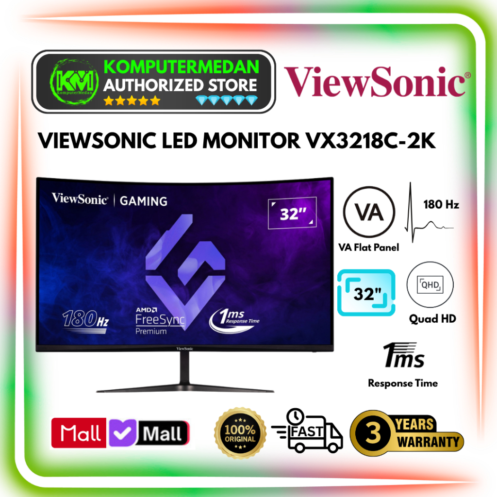 Monitor LED ViewSonic VX3218C-2K / VX3218C 2K 32" inch Curved VA QHD 180Hz 1ms Built in Speaker Free