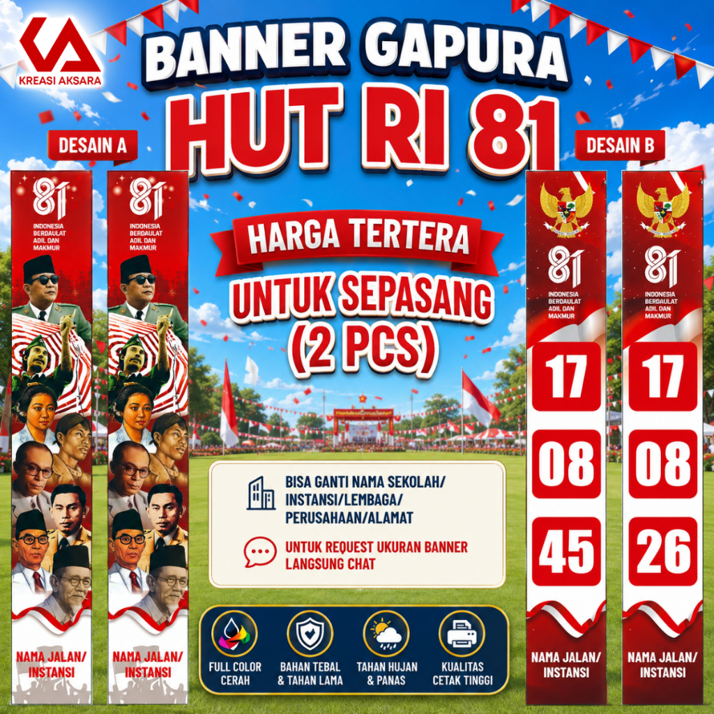 Banner Tiang Gapura HUT RI 81 2026, Custom Nama Jalan, Kampung, Gang, Desa Free Desain