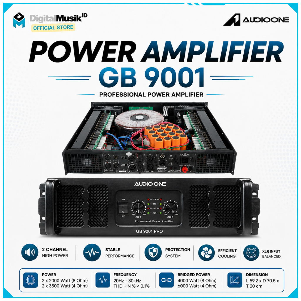 AUDIO ONE Power Amplifier 2 Channel GB 9001 Profesional Amplifer Audio Sound System I DM
