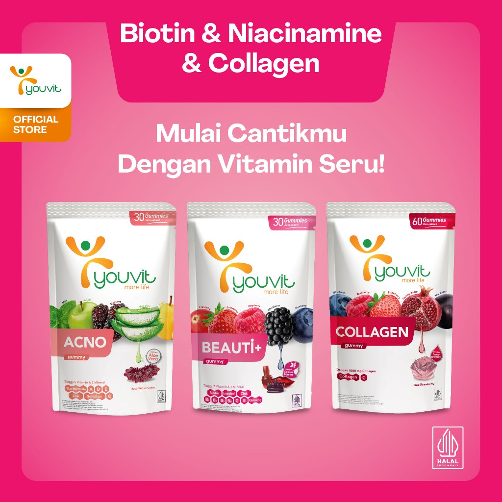 Youvit Beauty Trio 30 Hari - Youvit Collagen, Beauti+, AcNO  untuk Anti Aging, Rambut Rontok & Jeraw