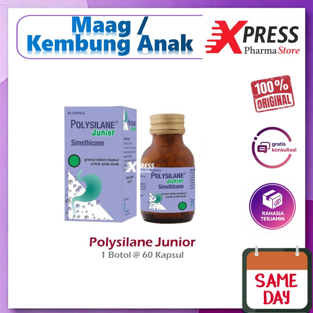 XPRESS  Polysilane Junior 60 Kapsul / Obat Maag dan Kembung Anak / Polisilane Polysilane Anak