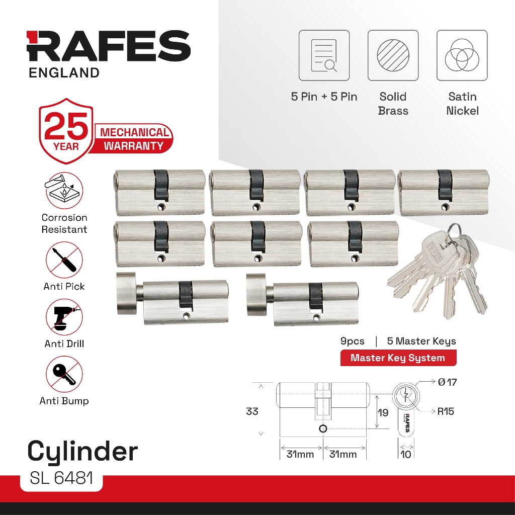 RAFES Silinder Kunci Pintu Kuningan - Cylinder Double + Putar Kunci Master Key System Material Solid