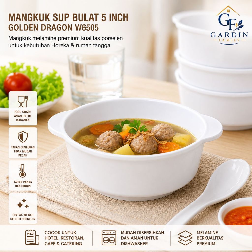 Mangkuk Sup Bulat 5 Inch Putih Golden Dragon W6505 | Mangkuk Melamine Horeka Food Grade untuk Hotel 