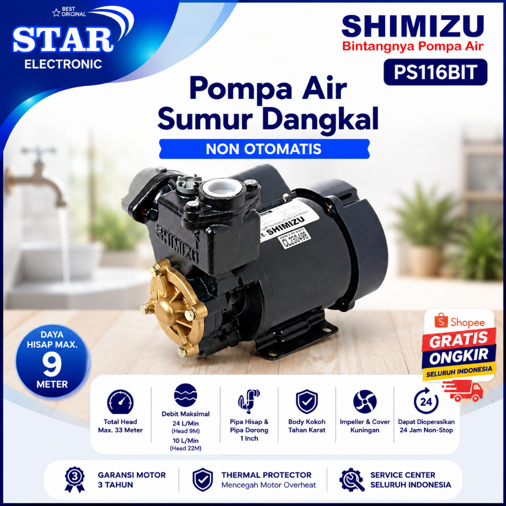 SHIMIZU WATER PUMP PS 116 BIT POMPA AIR NON AUTOMATIC/PS116BIT/PS 116BIT/PS 116 BIT/ORIGINAL GARANSI