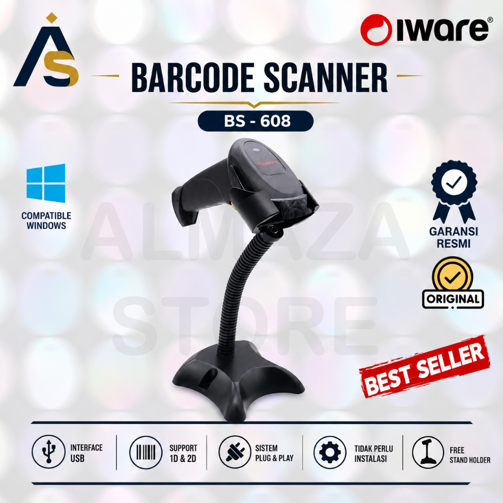 Scanner Barcode 2D QRcode IWARE BS-608 / BS608 USB Wired With Stand