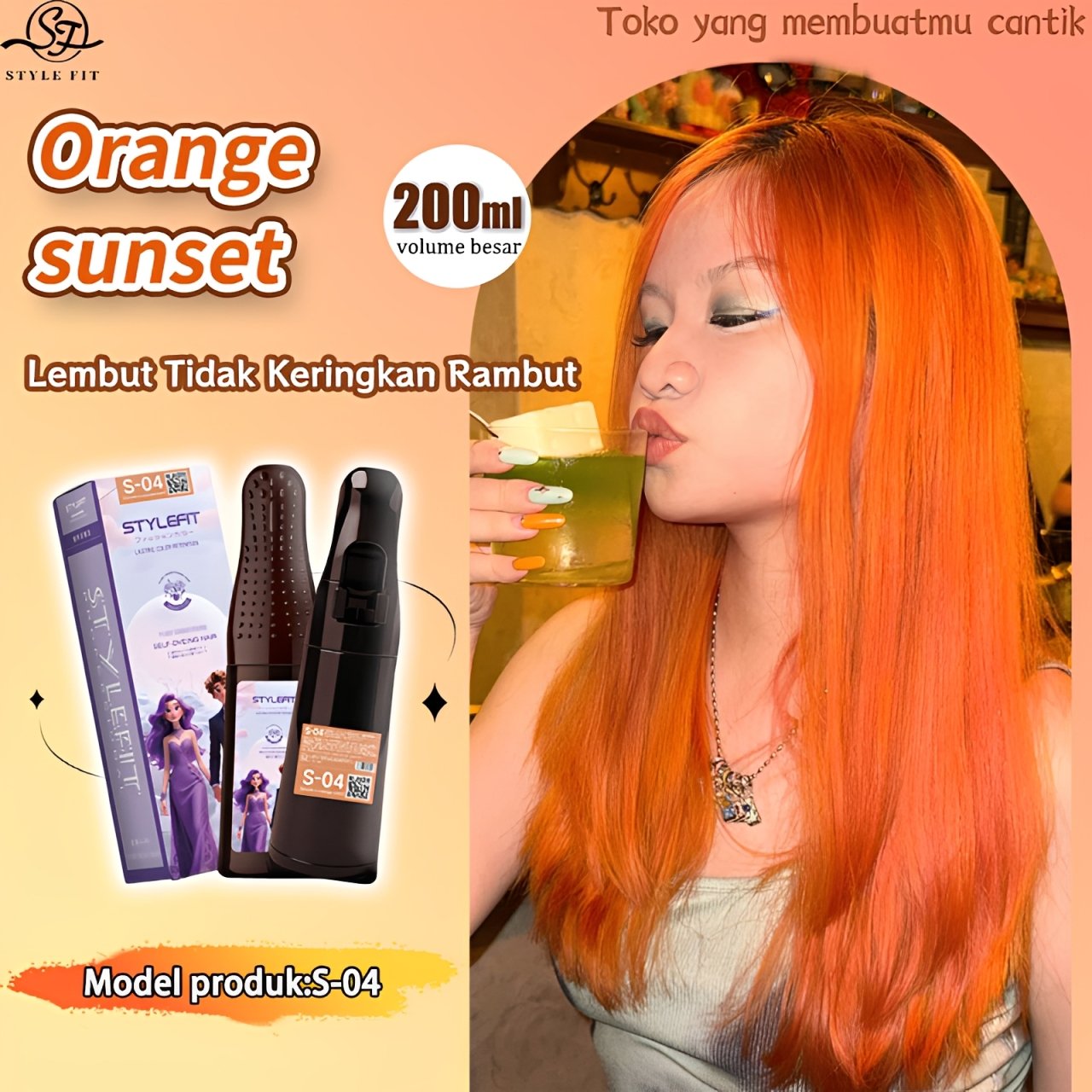 [Upgrade Terbaru] STYLE FIT Cat rambut sisir otomatis warna Orange sunset 200ml Bikin Kulit Terlihat