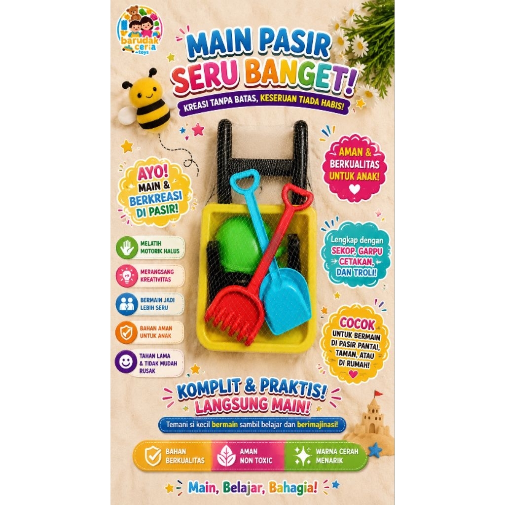 Mainan Pasir Anak Set Gerobak Pantai Lengkap – Sekop, Garpu, Cetakan & Troli