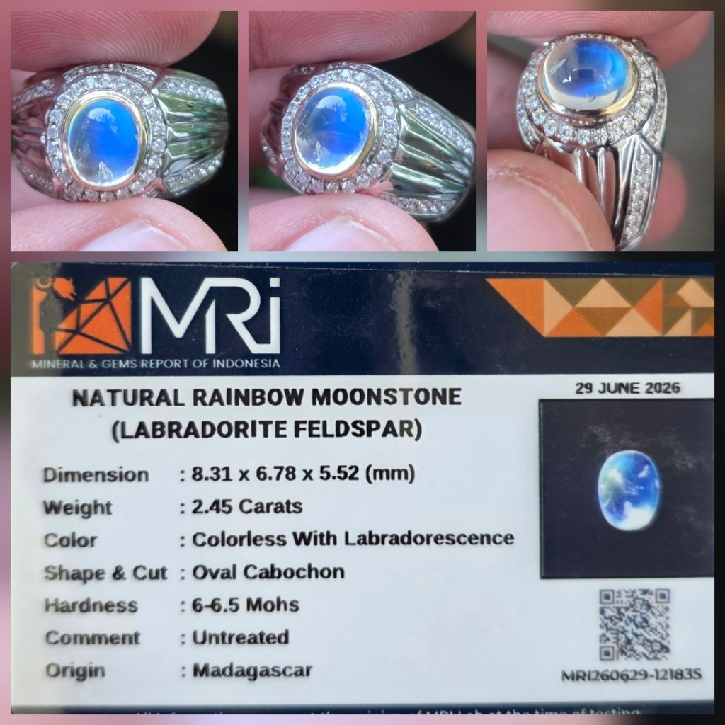 Batu Natural Biduri Bulan Rainbow Moonstone Memo 2.45 crt