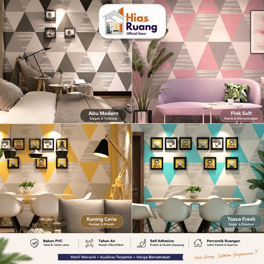 Wallpaper Stiker Dinding Segitiga Piramida Pyramid Abu Pink Kuning Biru Putih Walpaper Sticker GH202
