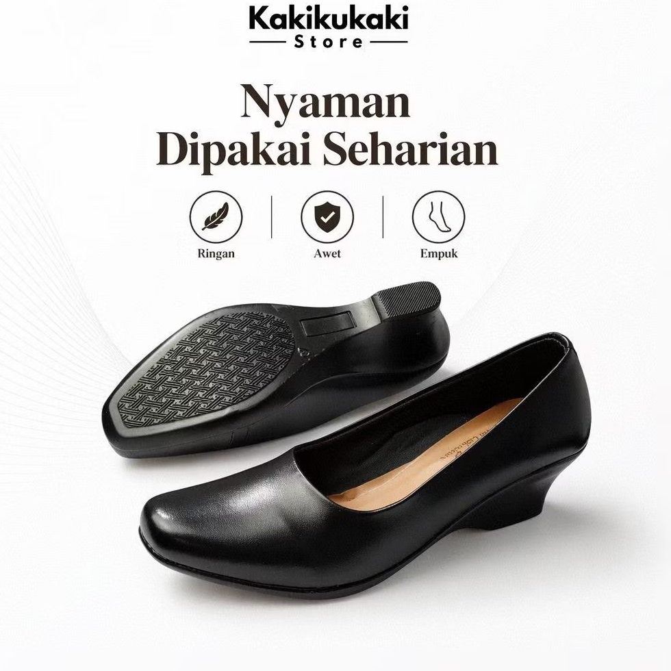 Sepatu Pantofel Polos Wanita Hitam Pansus Wedges Hak 5cm