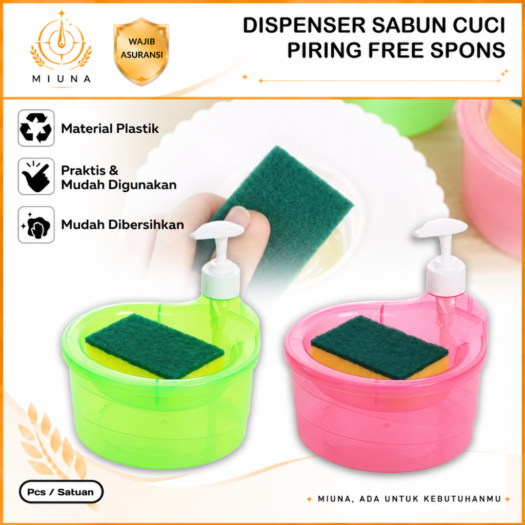 Tempat Sabun Bulat 1000ml + Spons Cuci Piring (2in1) Dispenser Sabun Cair Botol Soap Pump Wadah Sunl
