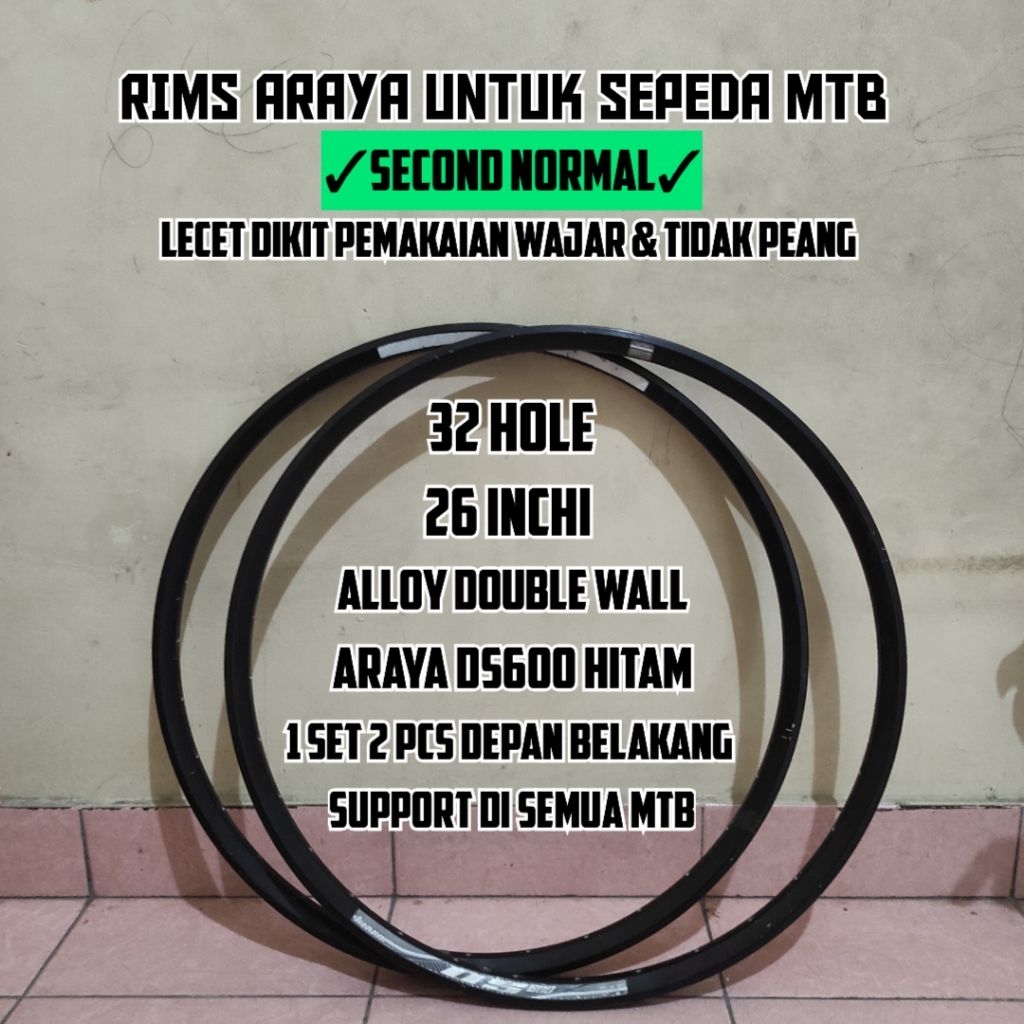 RIMS/Velg Sepeda MTB Merek ARAYA DS600 26Inch 32Hole Alloy Double Wall (SECOND)
