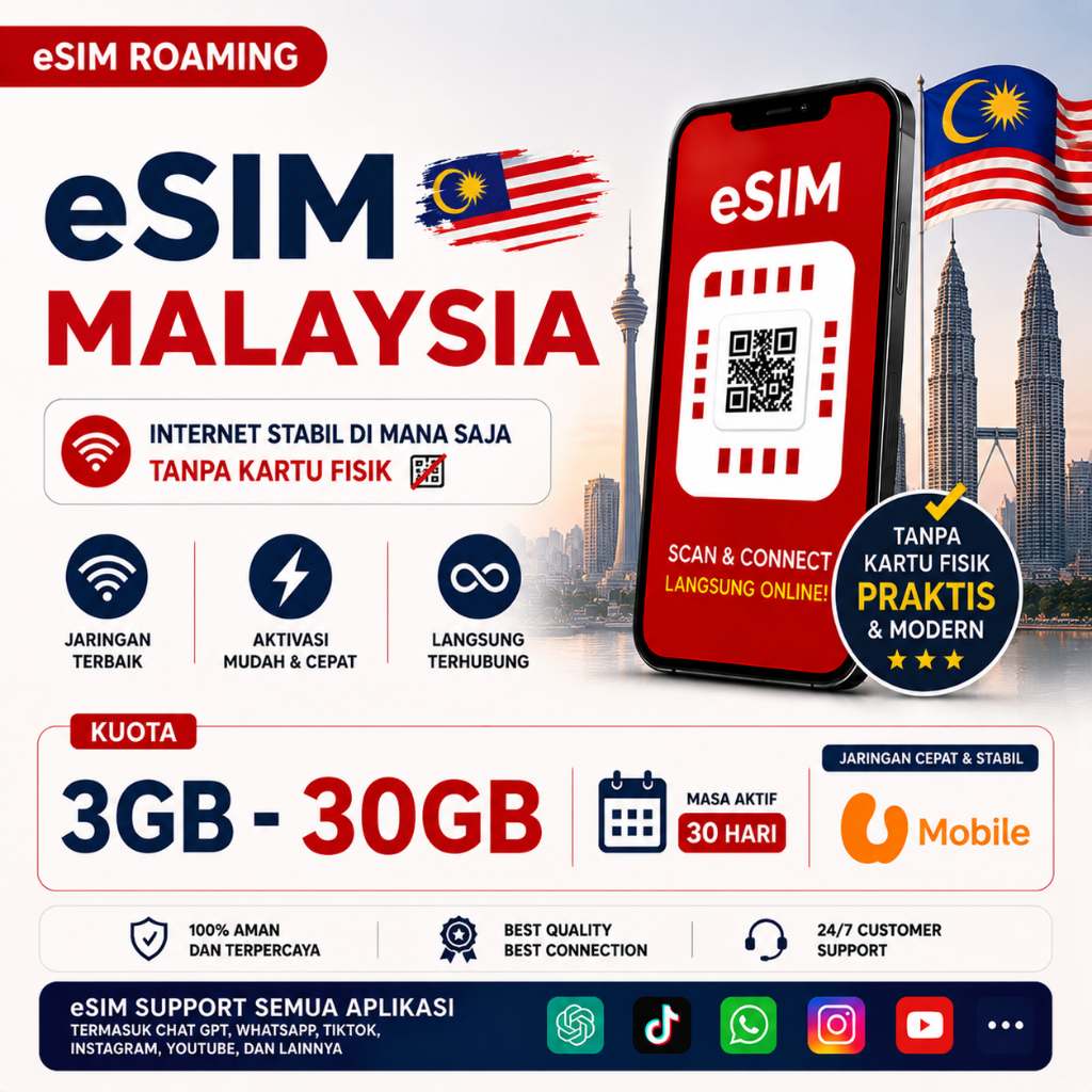 eSIM Malaysia Support TKTK 3GB/5GB/10GB/20GB Masa Aktif 30 HARI | U Mobile | Kuala Lumpur Data Inter