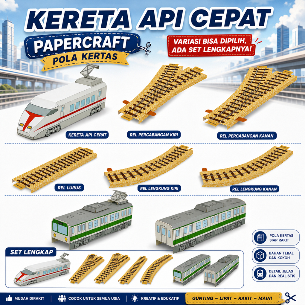 DIY Papercraft Kereta Api Cepat Cetak Pola Kerajinan Kertas
