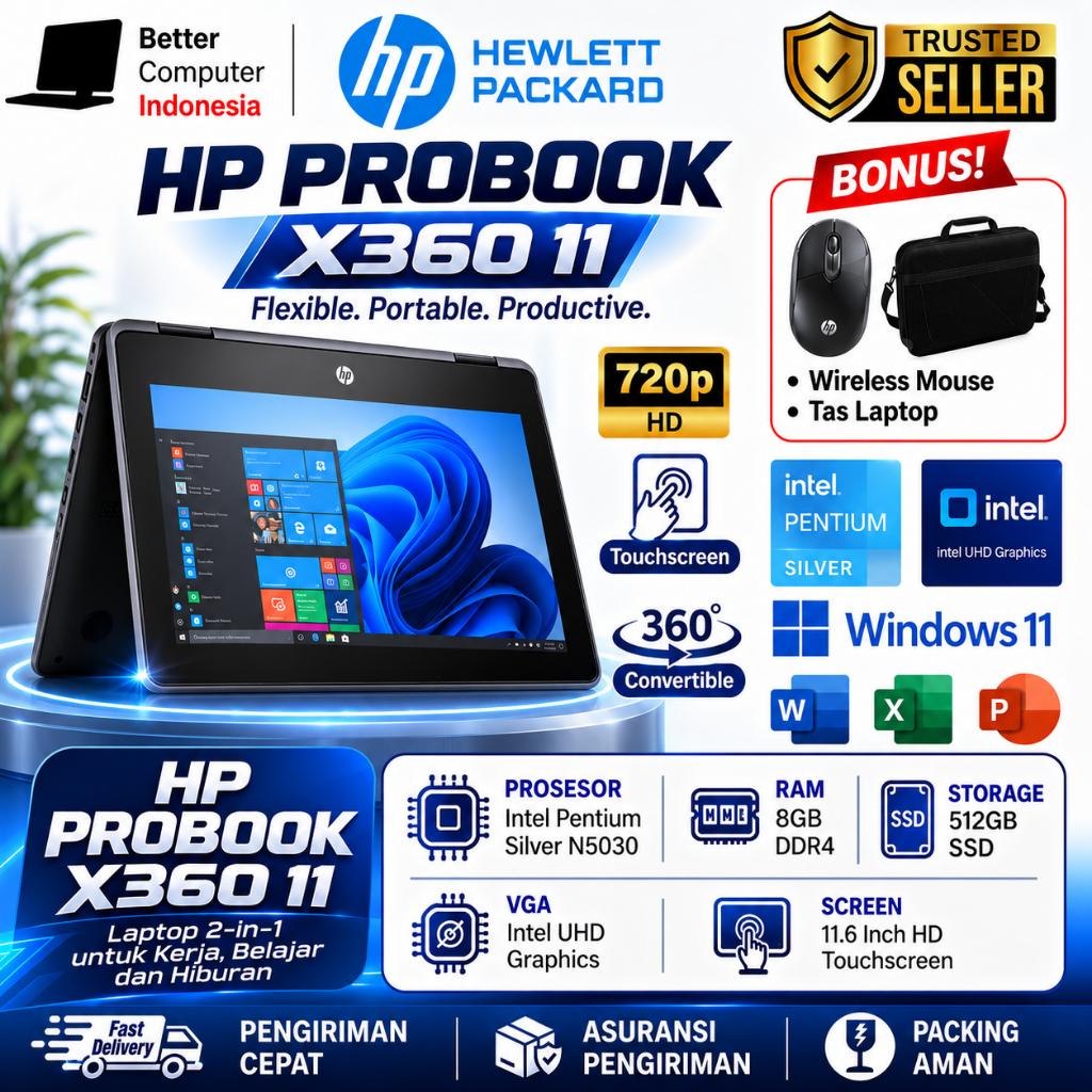 Laptop HP Probook X360 11 Pentium Silver N5030 Ram 8GB 512GB SSD 11 6 Inch Touchcreen Grey