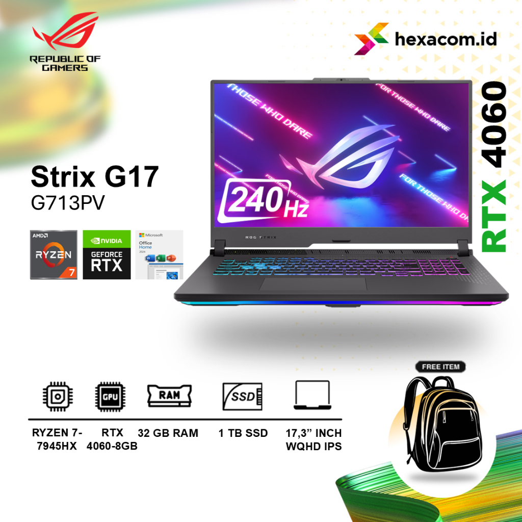 Asus ROG Strix G17 G713PV Ryzen 9-7845HX RTX™ 4060 32GB 1TB SSD 17.3" WQHD 240Hz