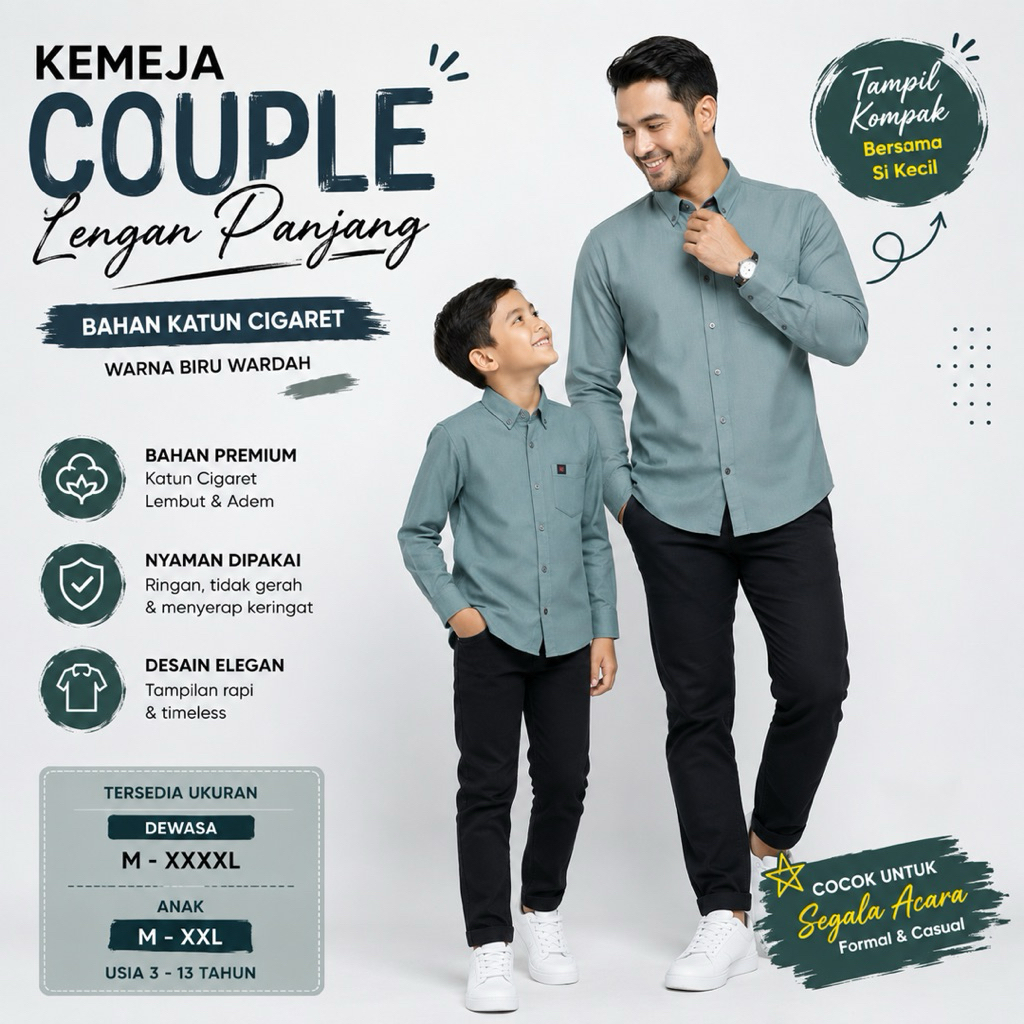 Kemeja Polos Couple Ayah dan Anak Lengan Panjang Warna Biru Wardah Kemeja Pria Dewasa Dan Anak Laki 