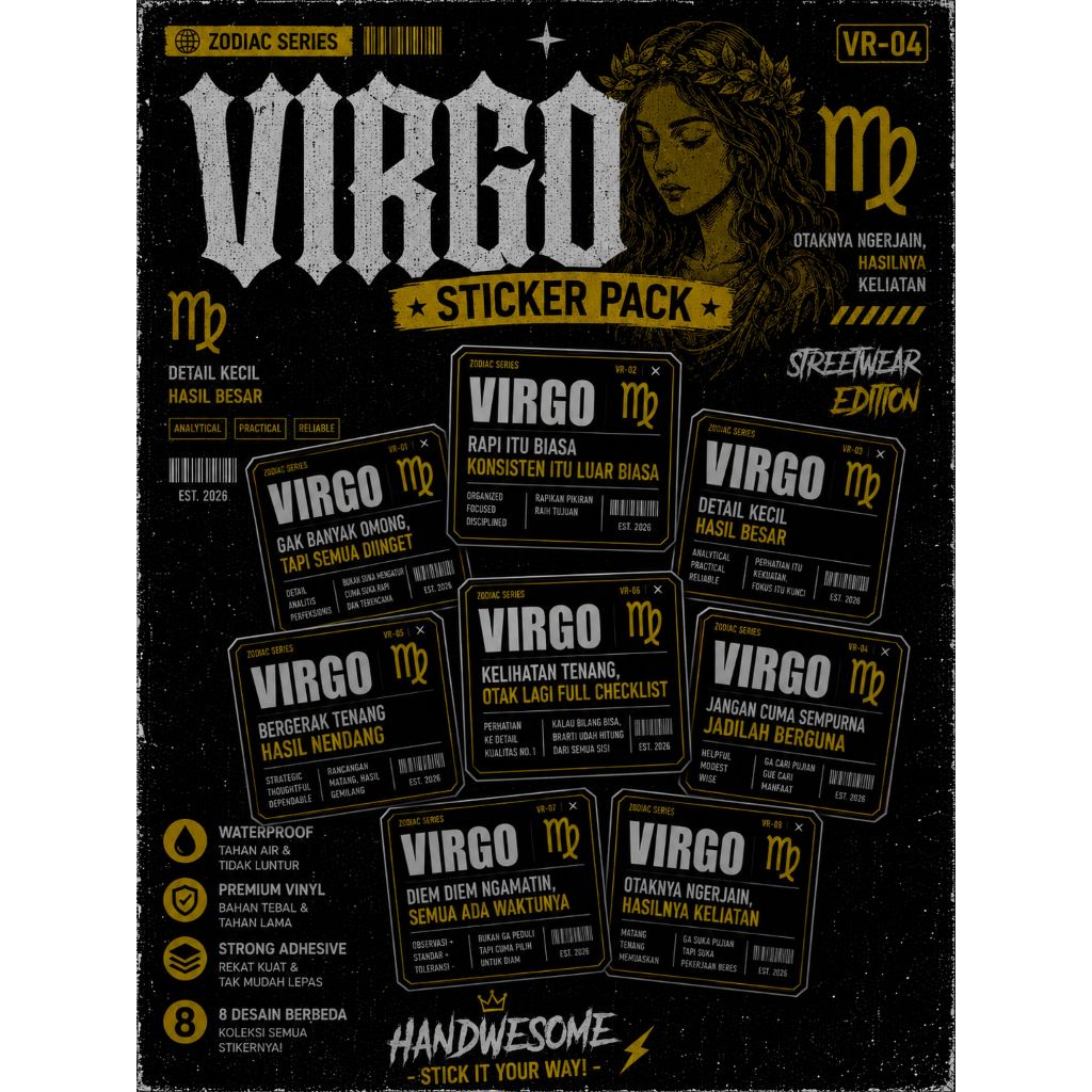 Stiker Zodiak Virgo Series 8 Desain Berbeda, Waterproof, Premium Vinyl, Cocok Untuk Laptop Helm
