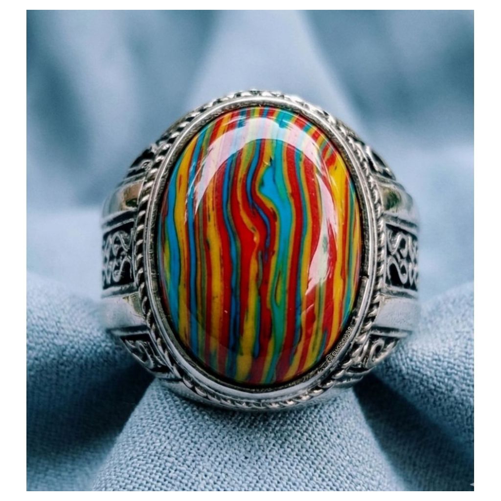 Cincin Batu Akik Malachite Multicolor 18 mm Ring Mban Alpaka Super