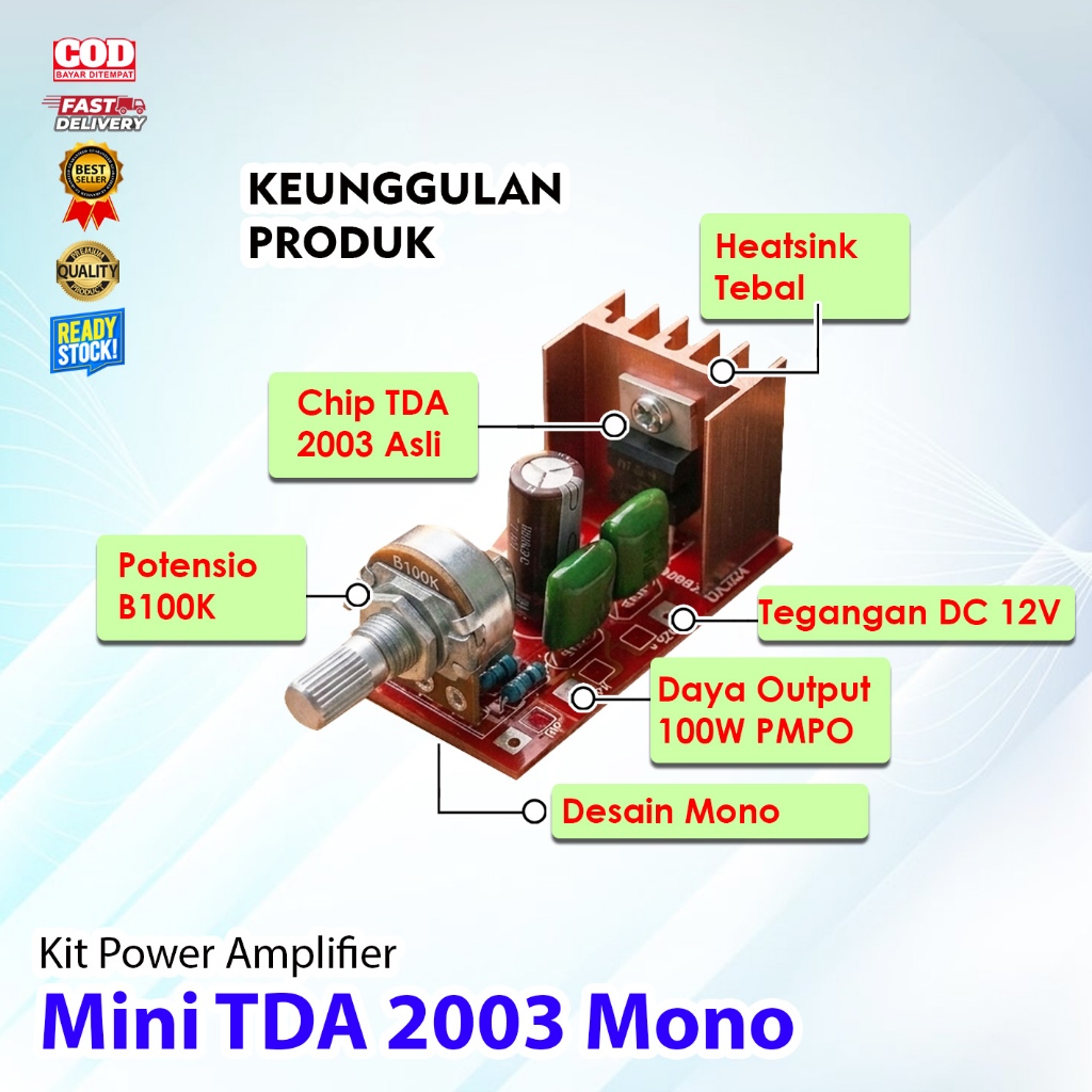 Kit Power Amplifier Mini TDA 2003 Mono 12V DC PASS AUDIO