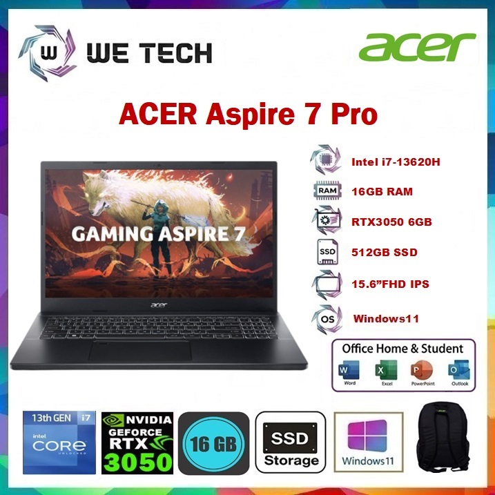 ACER Aspire 7 PRO A715 i7 13620H RTX3050 16GB 512GB 15.6"FHD IPS Win11+OHS