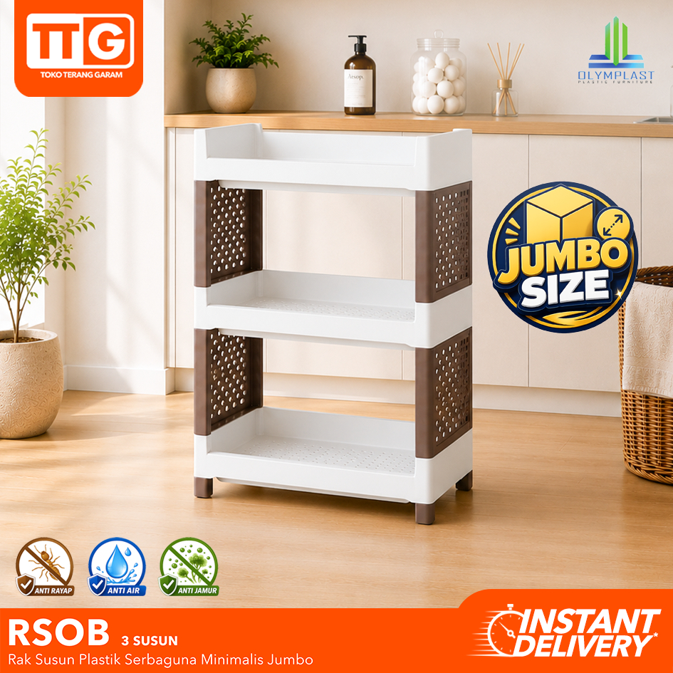 OLYMPLAST - Rak Plastik Serbaguna Besar 3 Susun Anti Air Rayap Dapur Toilet RSOB 3