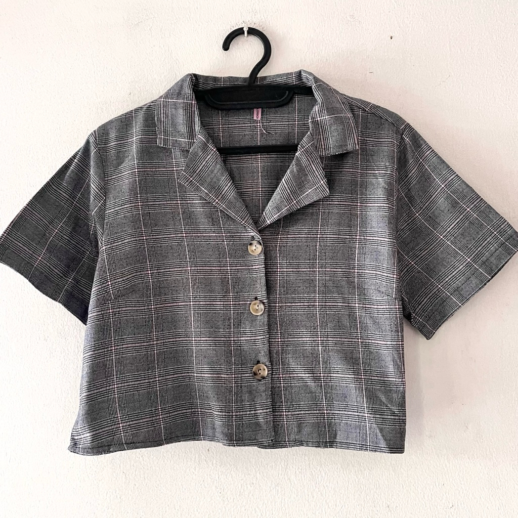 Colorbox Plaid Crop Blazer Top - Dark Grey | baju atasan wanita perempuan merk colorbox motif kotak 