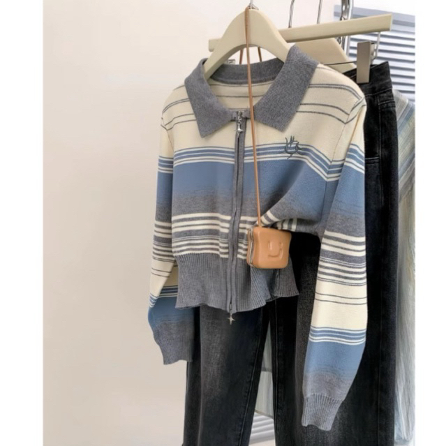 Knit Crop Cardigan Zipper Stripe Wanita