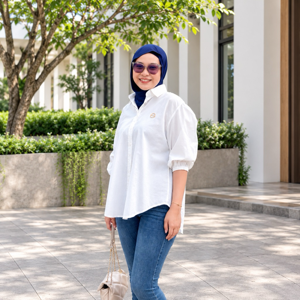 atasan kemeja putih|blouse ootd hijab katun poblin