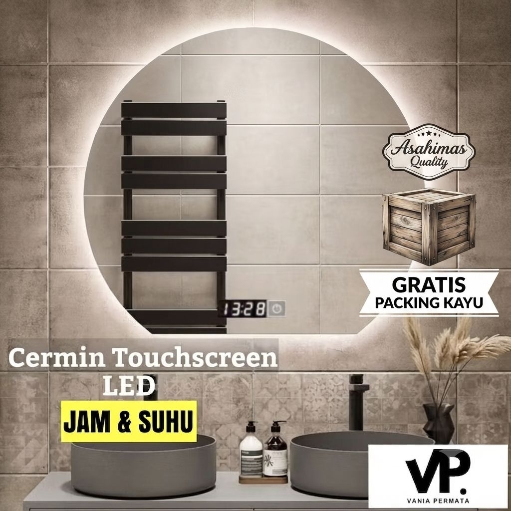 Cermin Bulat Lampu Led Touchscreen Jam dan Suhu Smart Mirror Glass Kaca Kamar Mandi Wastafel Kamar M
