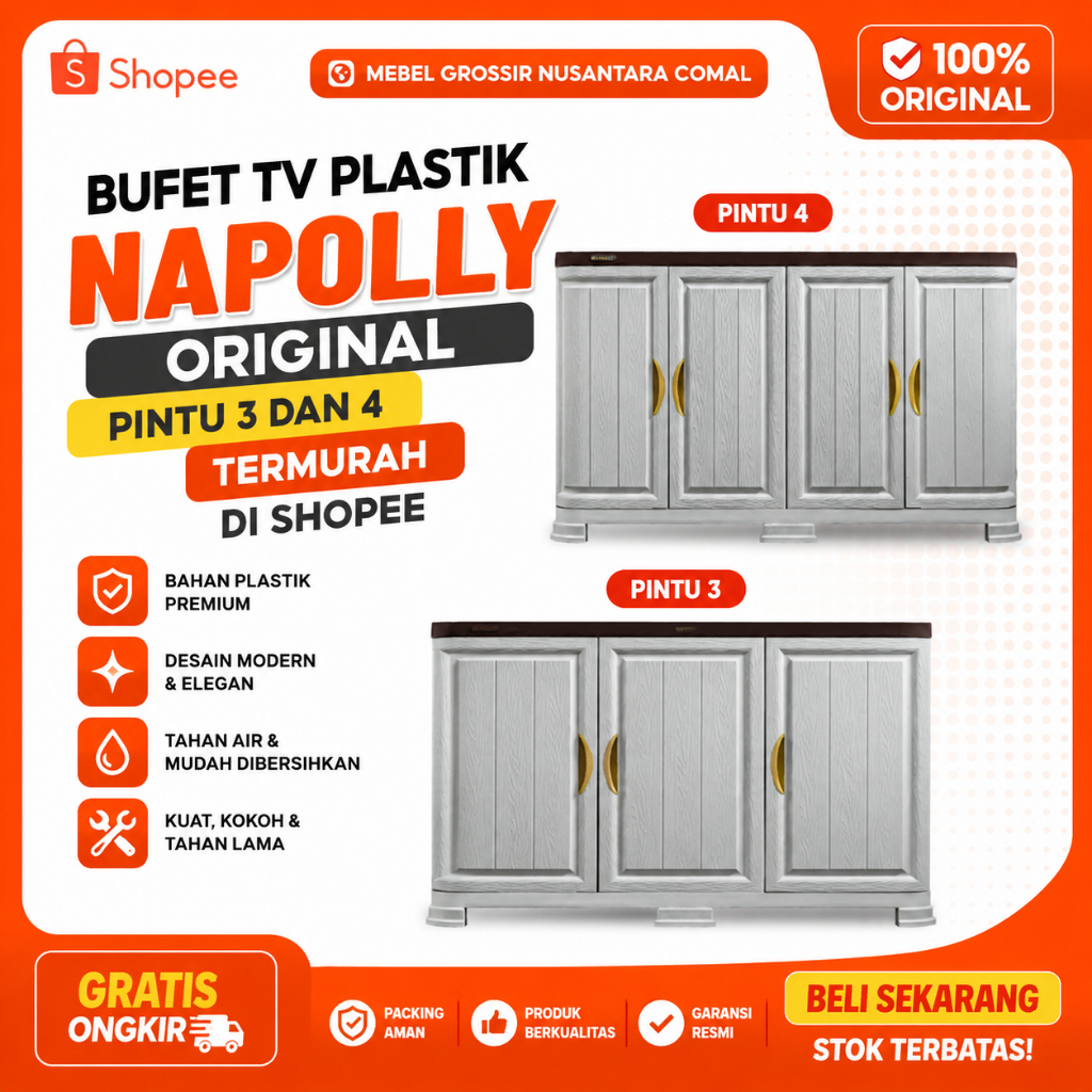 LEMARI TV PINTU 3 & 4 NAPOLLY|BOPET NAPOLLY PLASTIK ORI|
