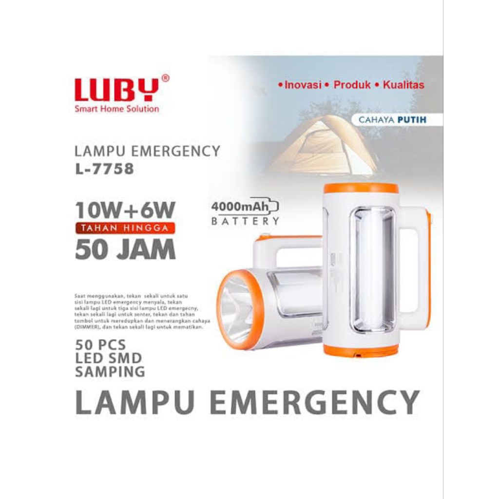 Emergency LUBY L-7758 Led Rechargeable Baterai 4000mAh