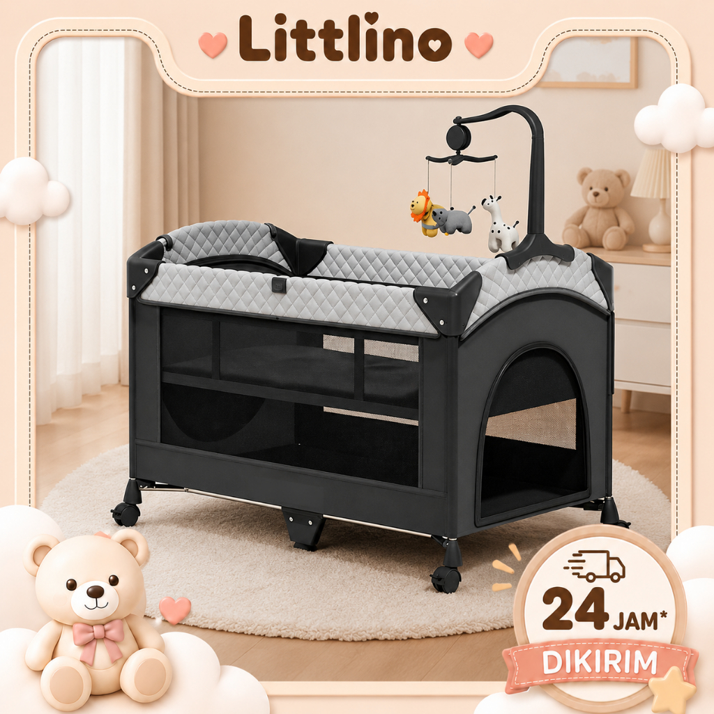 Box Bayi Tempat Tidur Bayi Baby Crib Lipat Multifungsi Portable dengan Roda Mainan Gantung