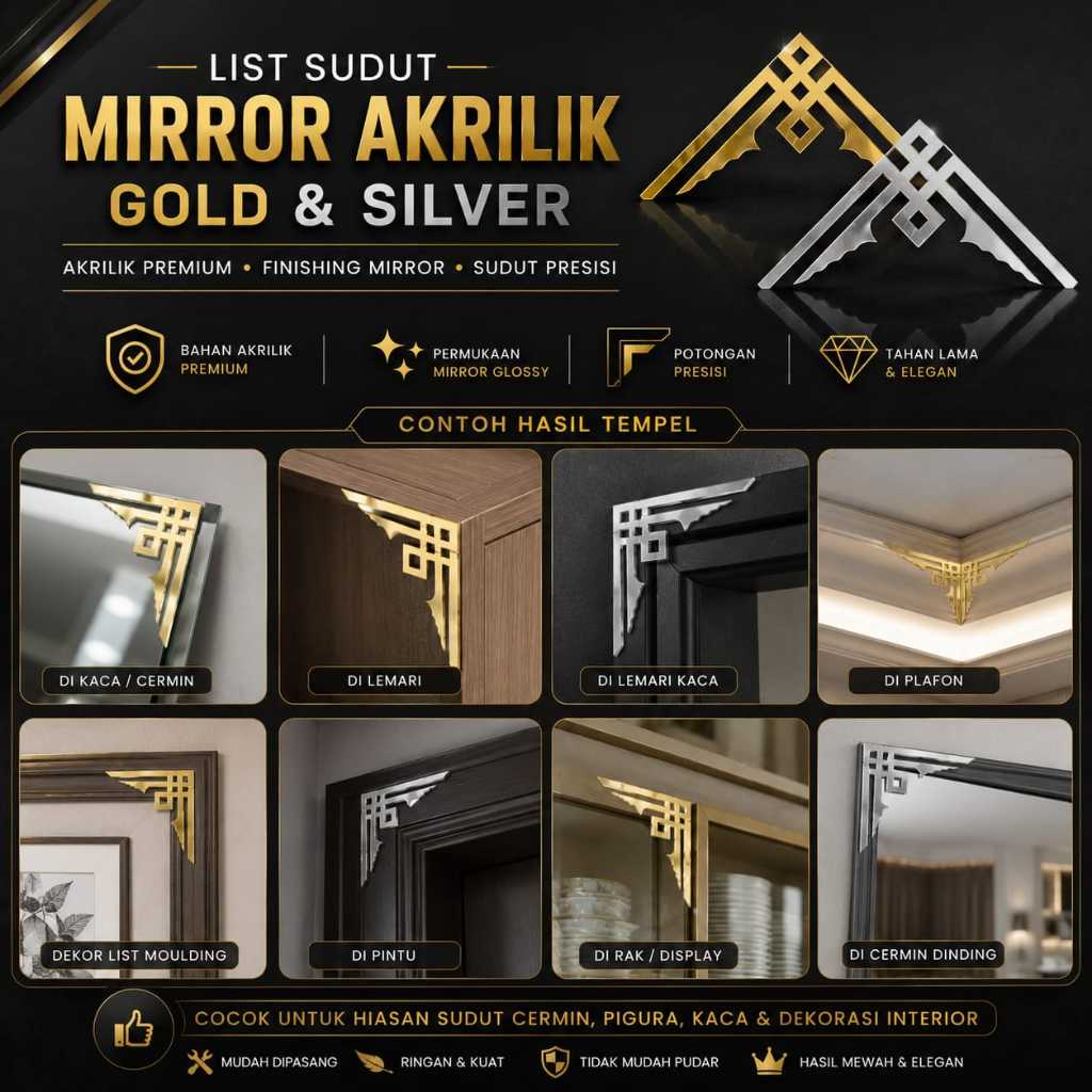 WD List Gold Mirror Stiker Dinding Dekorasi Sudut Siku Wall Sticker Dekorasi Motif Strip Ornamen Dek