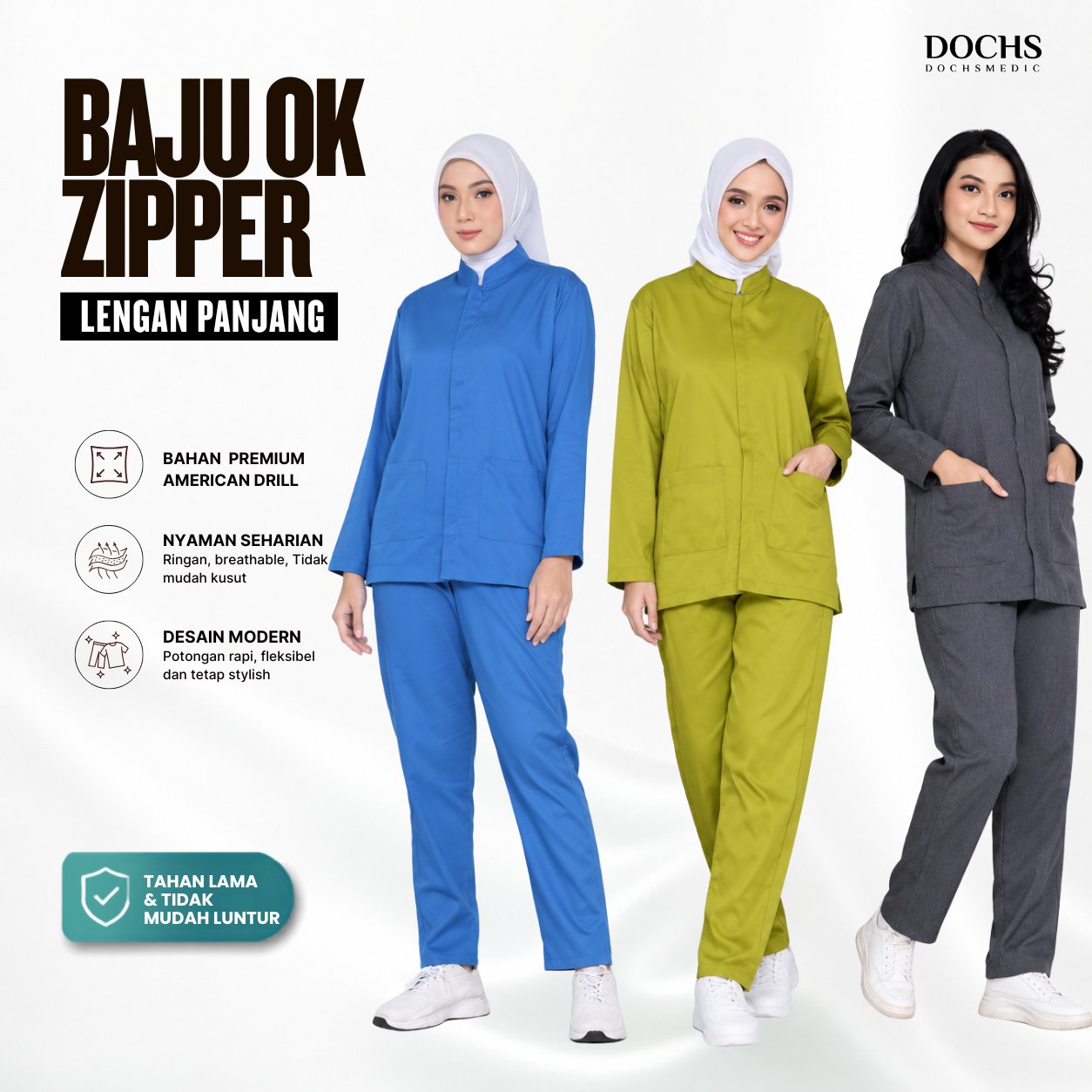 Baju OK ZIPPER Lengan Panjang / Scrub Medis/ Seragam Medis / Premium American Drill [ DOCHS MEDIC ]