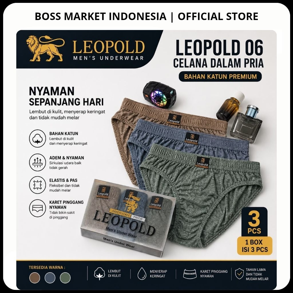 Celana Dalam Pria isi 3 pcs LEOPOLD Briefs - CD Pria Katun Lembut Nyaman Digunakan Leopold 06