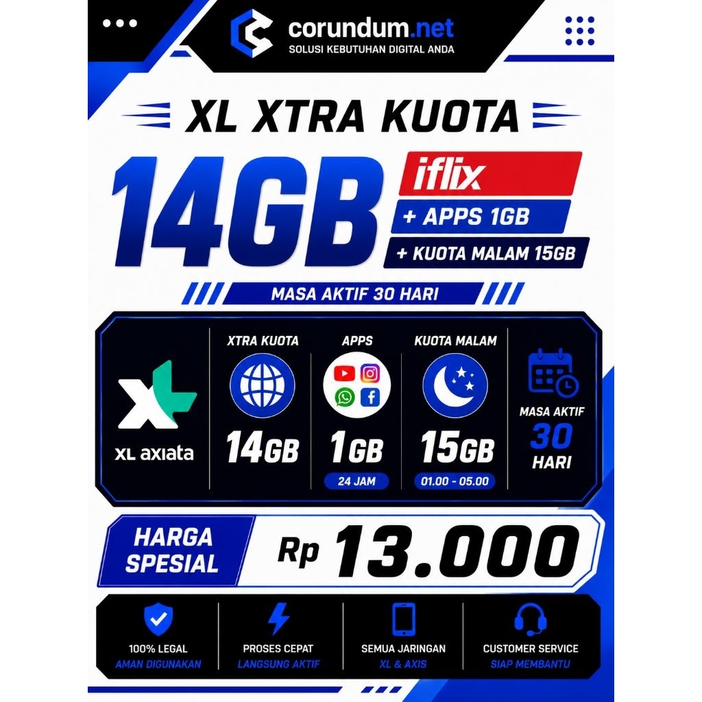 XL XTRA KUOTA 30GB/30Hari (Iflix,Apps,Malam)
