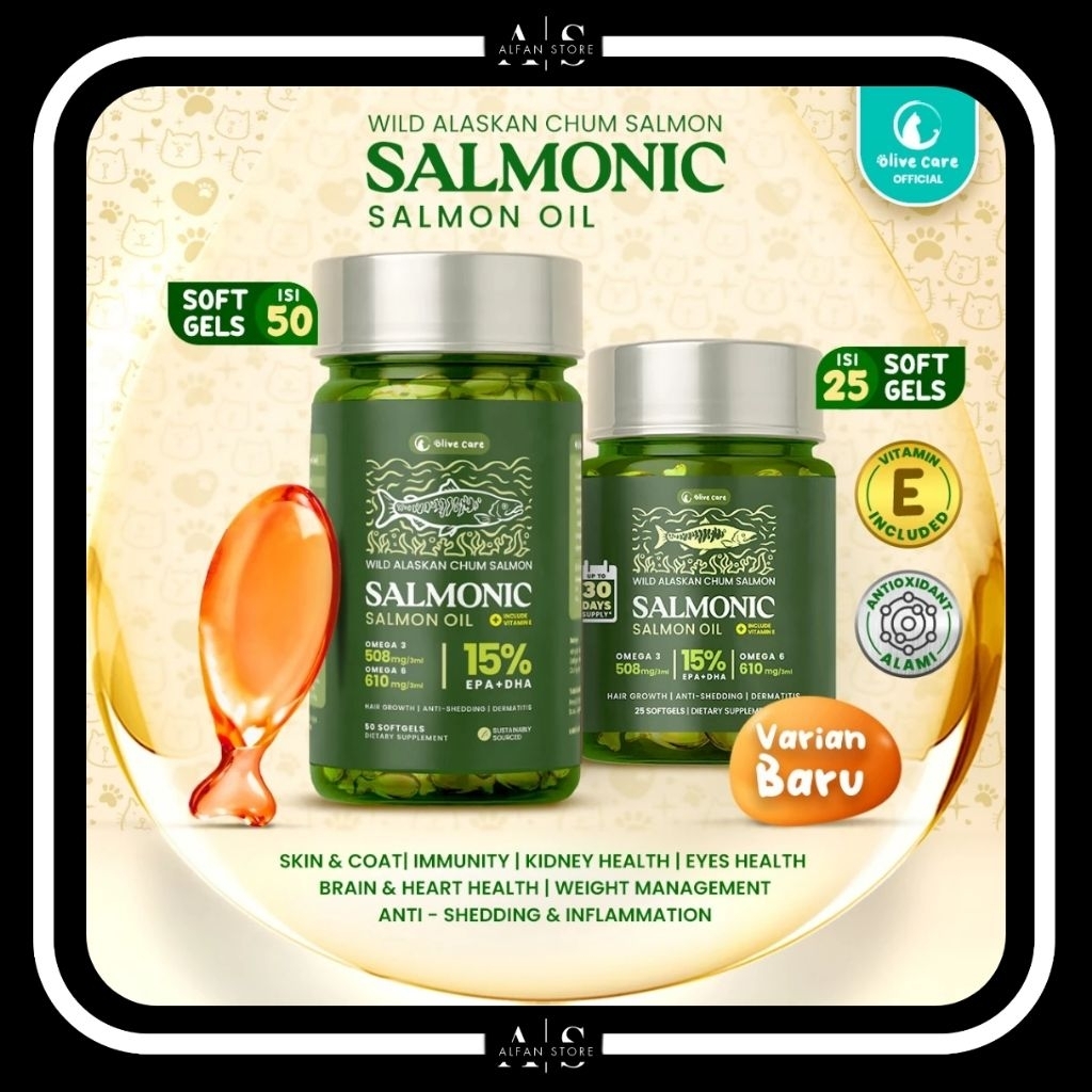 Olive Care Vitamin Minyak Ikan Kucing SALMONIC Murni & Alami Non-GMO Tinggi Omega 3 EPA DHA Omega 6 