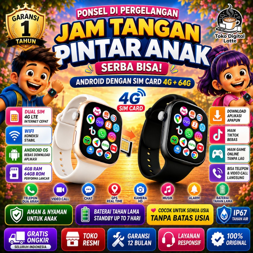 Jam Tangan Pintar Anak 4G Android RAM 4GB ROM 64GB Video Call GPS WiFi  SIM SOS IP67 Smartwatch Anak