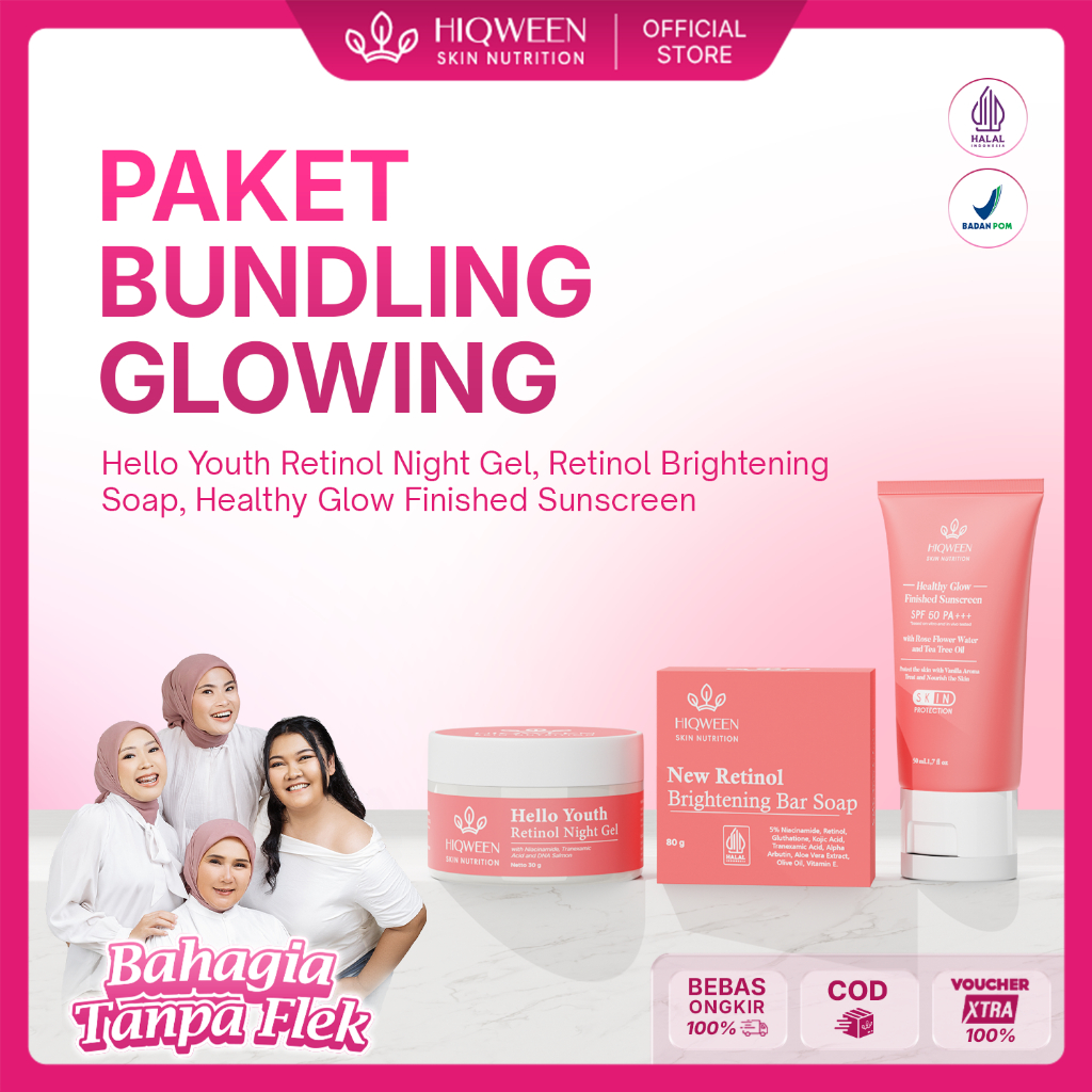 HIQWEEN SURABAYA | Hiqween Paket Bundling Glowing Sunscreen Sabun Retinol Night Gel Cream Malam