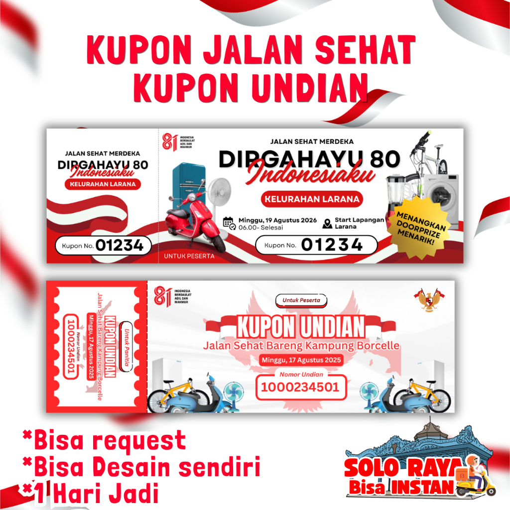 (1 JAM JADI ) CETAK KUPON JALAN SEHAT DOORPRIZE AGUSTUSAN 17 AGUSTUS KARNAVAL PAWAI SEPEDA SANTAI