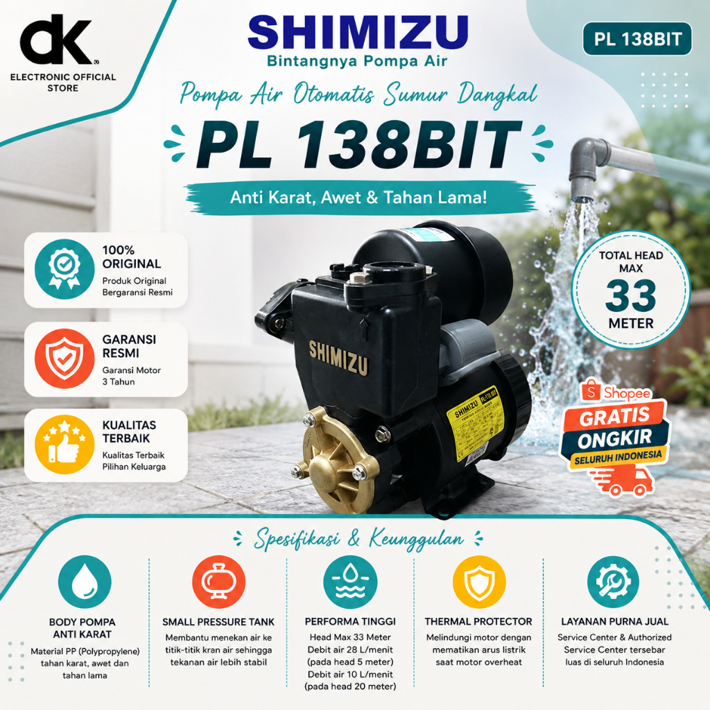 SHIMIZU POMPA AIR PL 138BIT WATER PUMP/PL138BIT/PL138 BIT/PL 138 BIT/ORIGINAL SHIMIZU/GARANSI RESMI