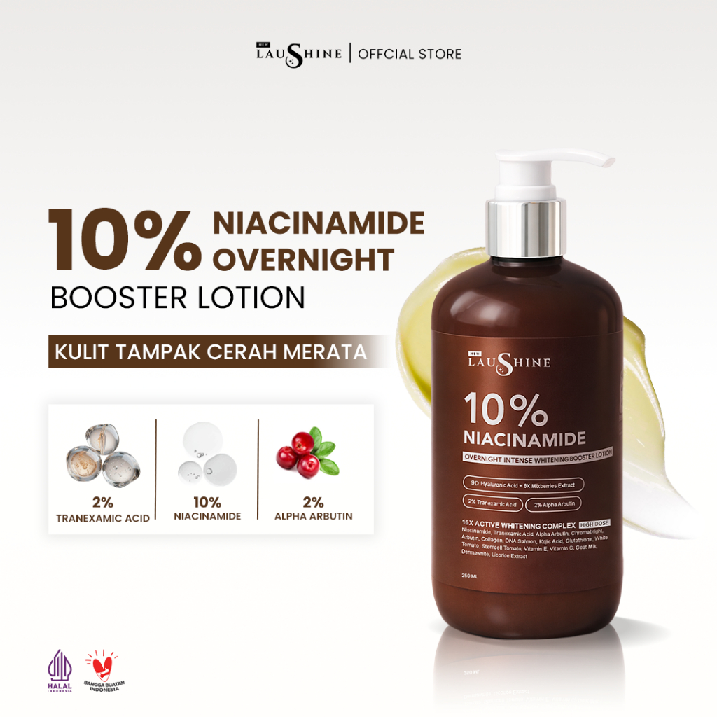 Laushine - Overnight Intense Whitening Booster Lotion Pump - New Formula Extra Shooting - 10%Niacinamide - Tranexamic Acid - Mencerahkan Kulit - Atasi Kulit Belang