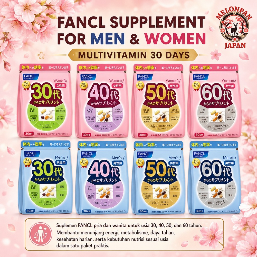 FANCL Multivitamin 30 Days Japan Asli | Vitamin Pria Wanita 30+ 40+ 50+ 60+ | Suplemen Energi & Stam